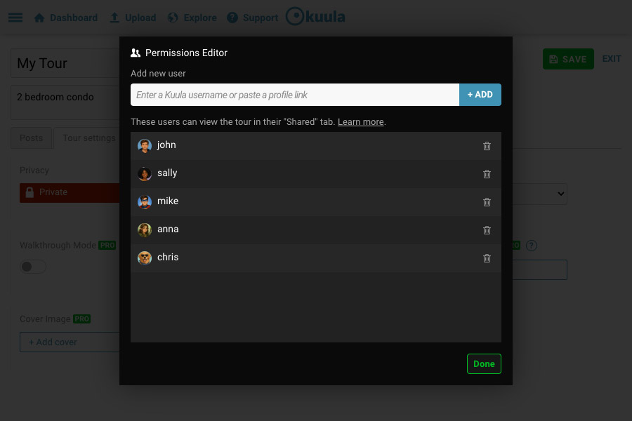 Entering a Kuula username and adding a viewer to the permissions list