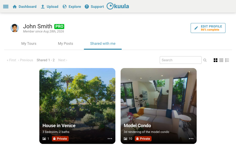 The Shared with me section in the Kuula dashboard